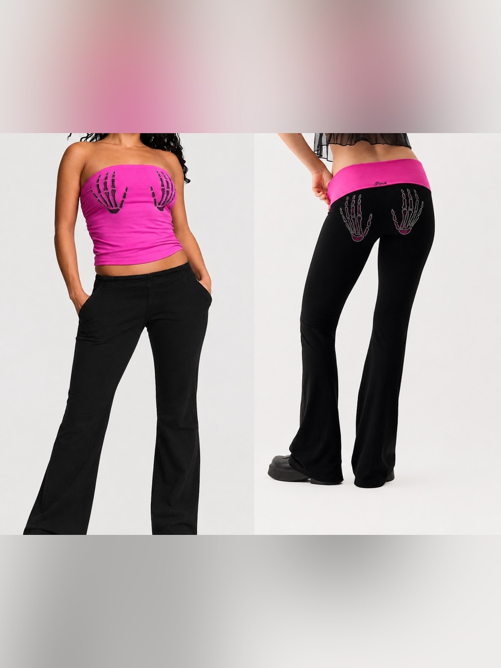 Victoria’s Secret PINK Rhinestone Skeleton Hands Tube Top & Flare Pants Set Y2K